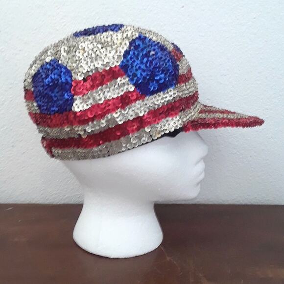 USA Sequin Ball Cap Stars Stripes Patriotic USA AMERICAN FLAG HAT One SZ - Picture 5 of 10